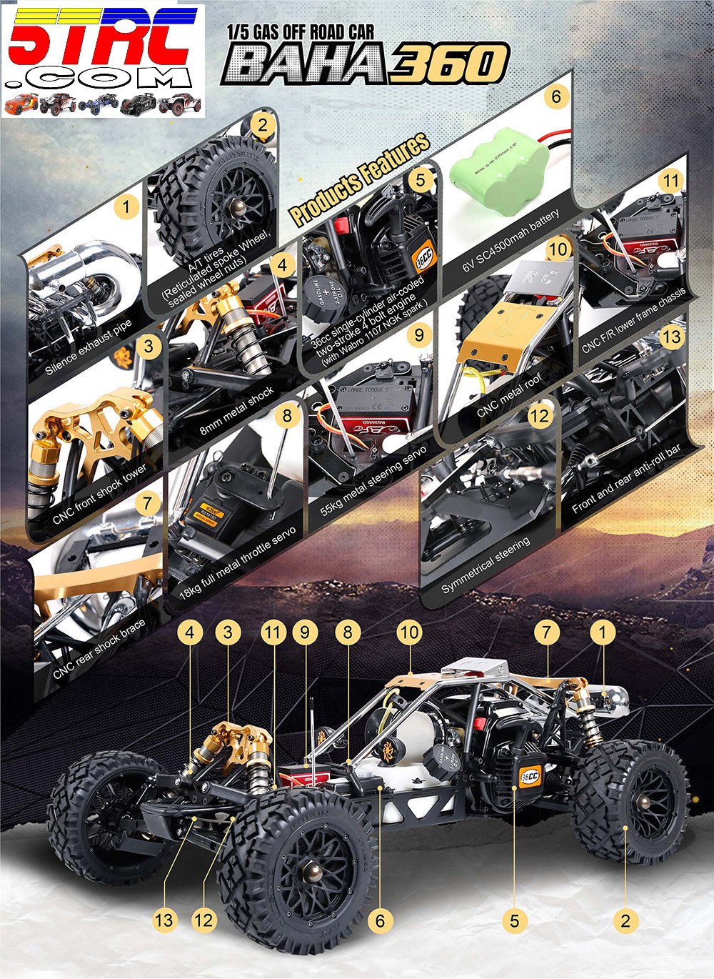 Rovan 360 Baja Buggy Long Body Red #34 1/5 scale 36cc gasoline off-road buggy