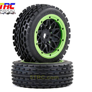 Dirt Buster 170×60 mm Front Tire & Wheel Combo, Green Rim Bead (Pair of 2)