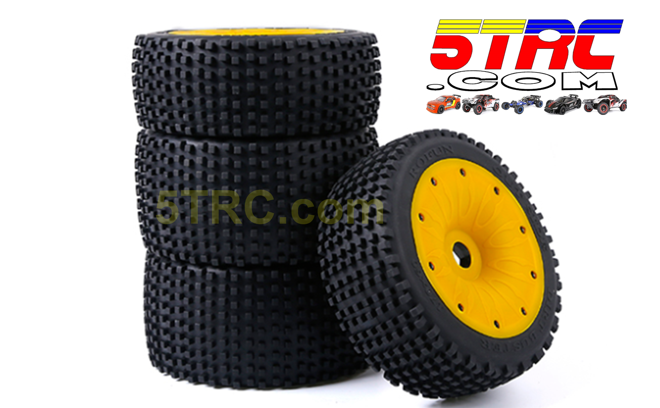 1/5 scale tires on yellow dish wheels 24mm hex #854934