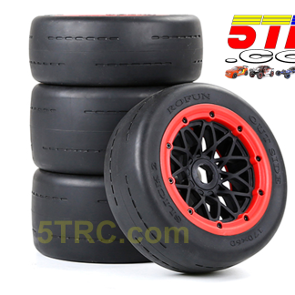Rovan Slicks set of 4 racing tires on black wheels with red bead rings and 24mm hex fitment delivers smooth blacktop grip and control. #855122