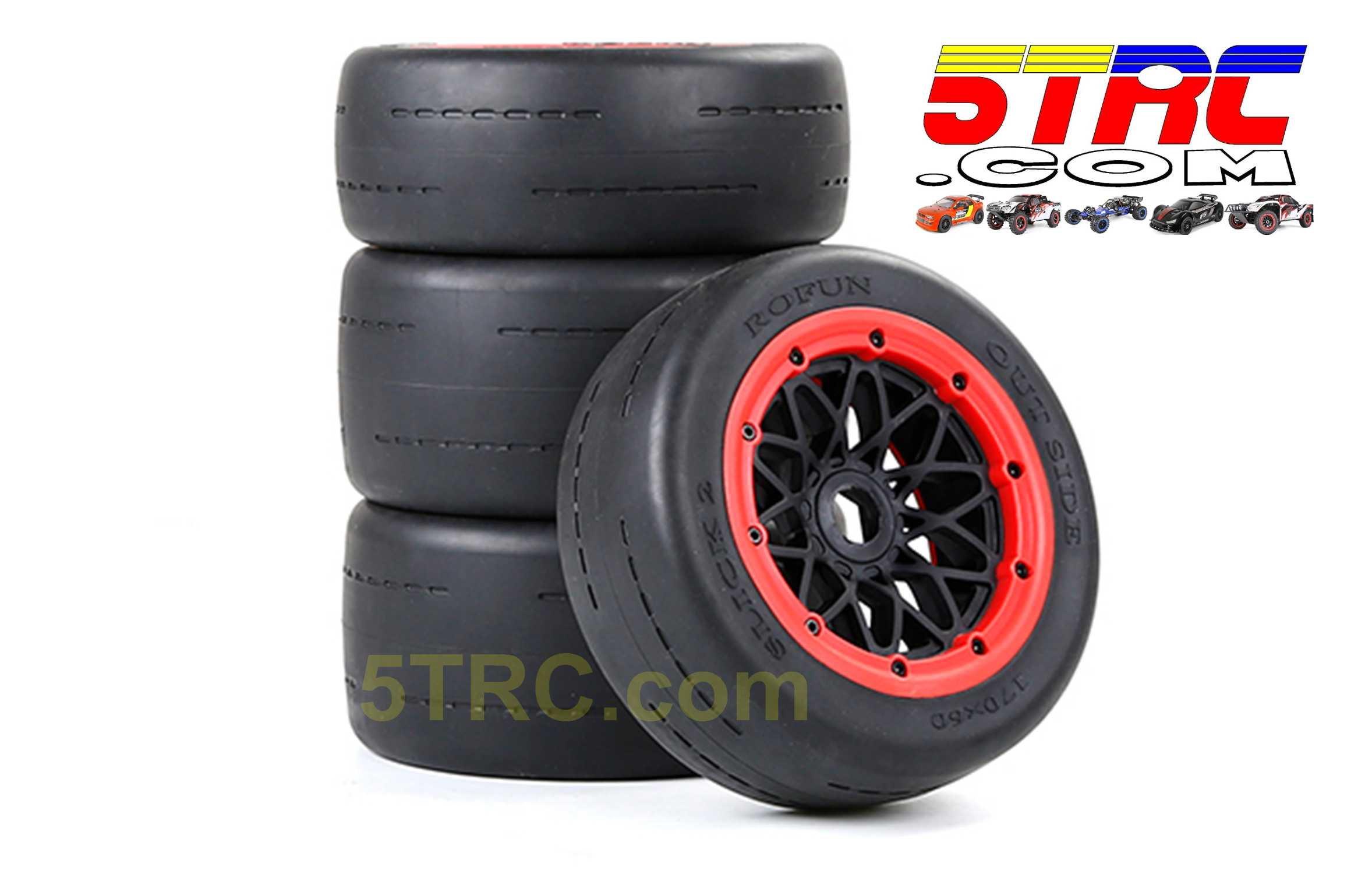 Rovan Slicks set of 4 racing tires on black wheels with red bead rings and 24mm hex fitment delivers smooth blacktop grip and control. #855122