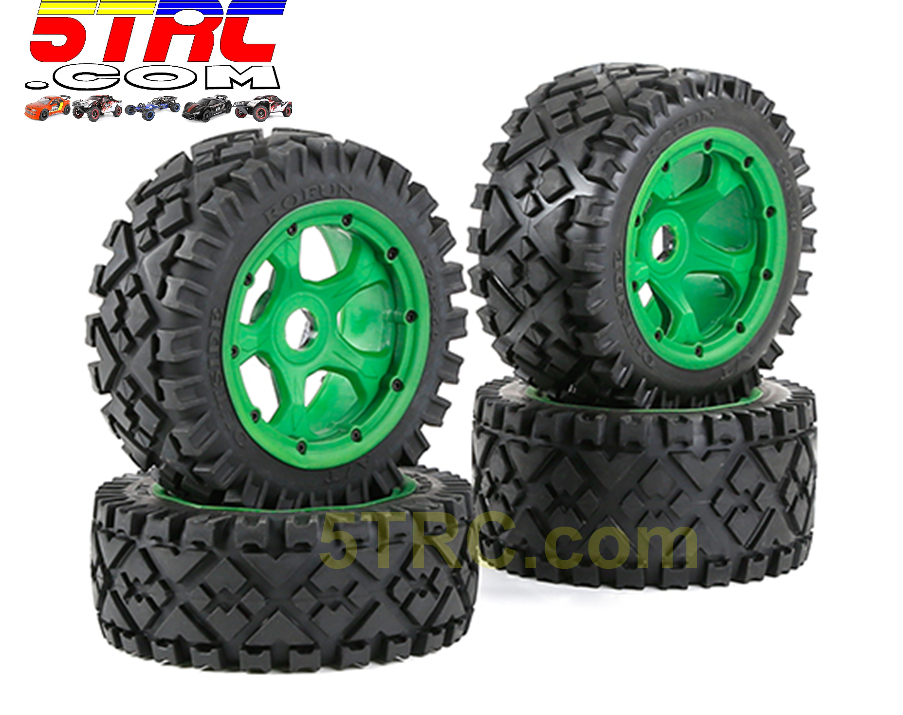 Rovan Rovan All Terrain Tires diamond tread on green wheels #855584