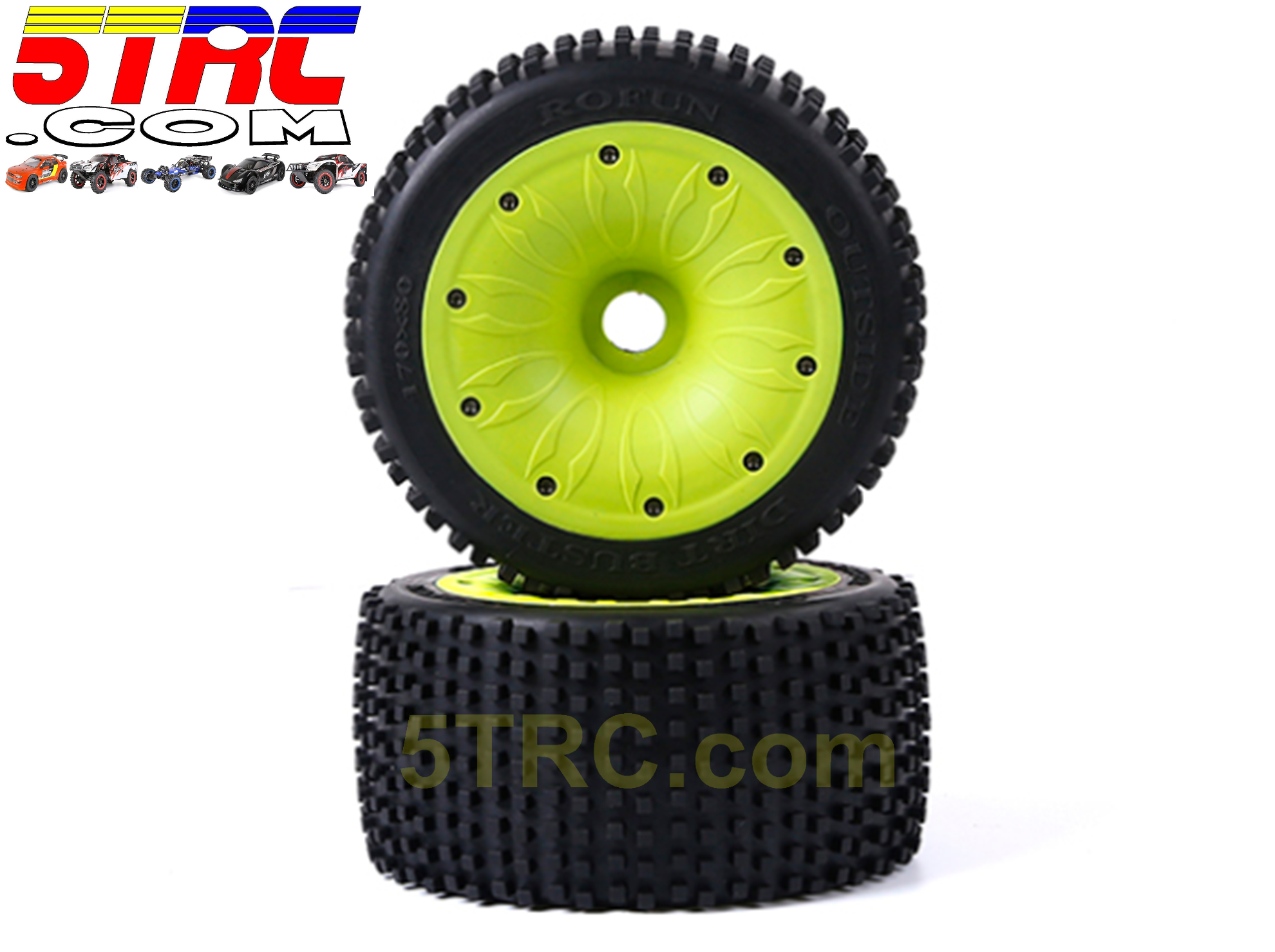 Rovan Tires 1/5 Scale Dirt Buster tires 170x80mm pair on green dish wheels #952972