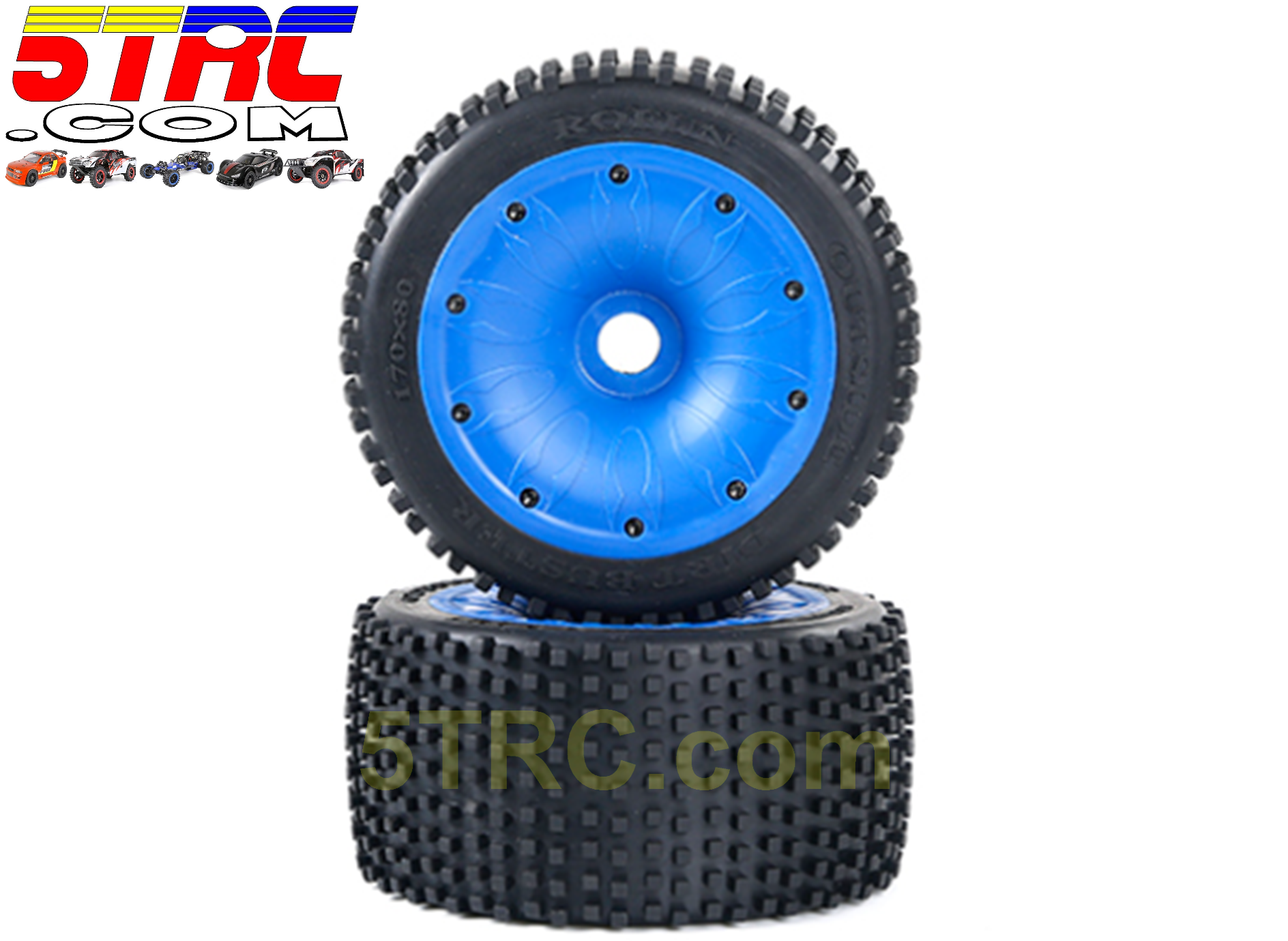 Rovan 170x80mm Dirt Buster tires pair on blue dish wheels #952973