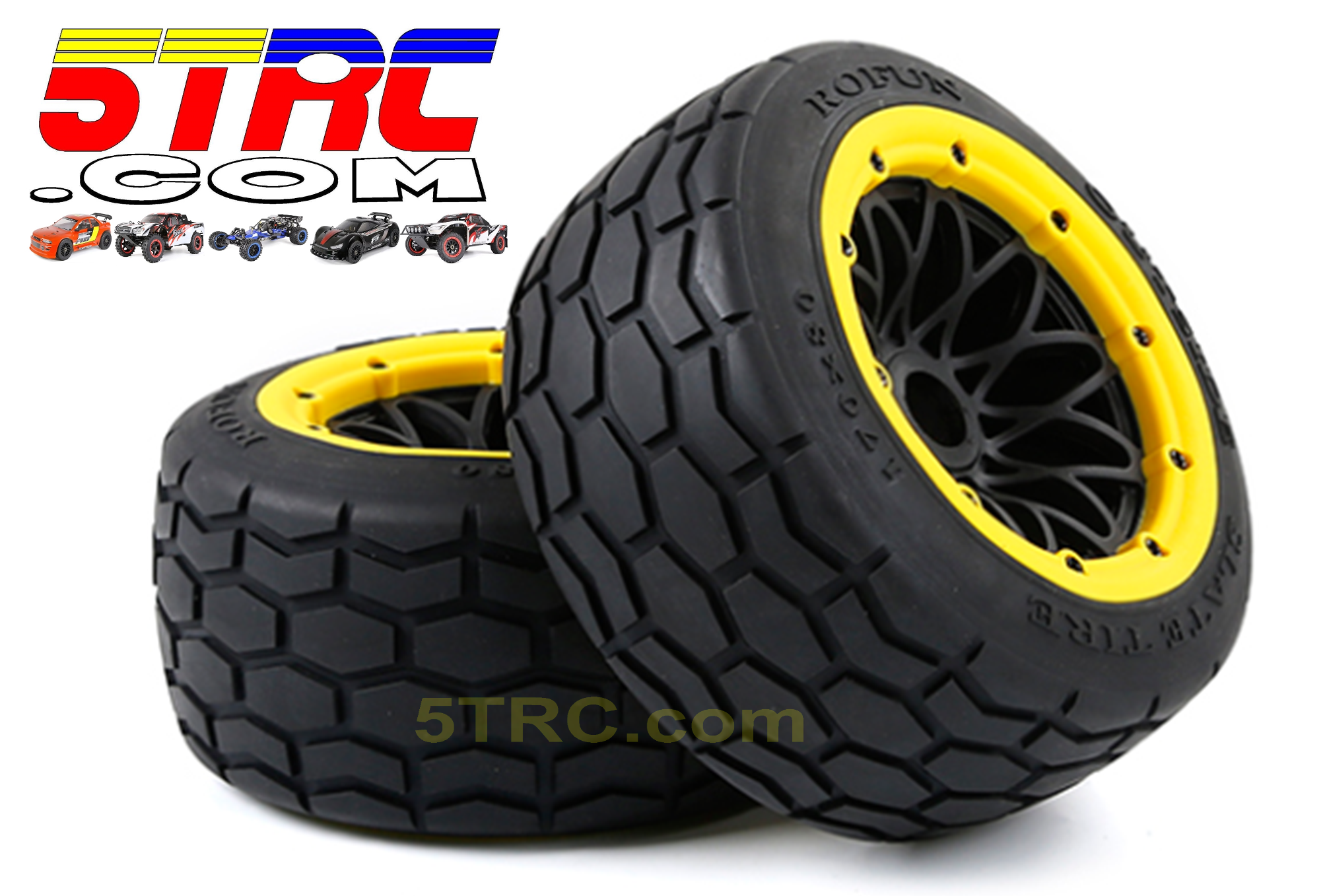 Rovan 5th Scale Tires Slate street tires on black wheels with yellow bead #953025