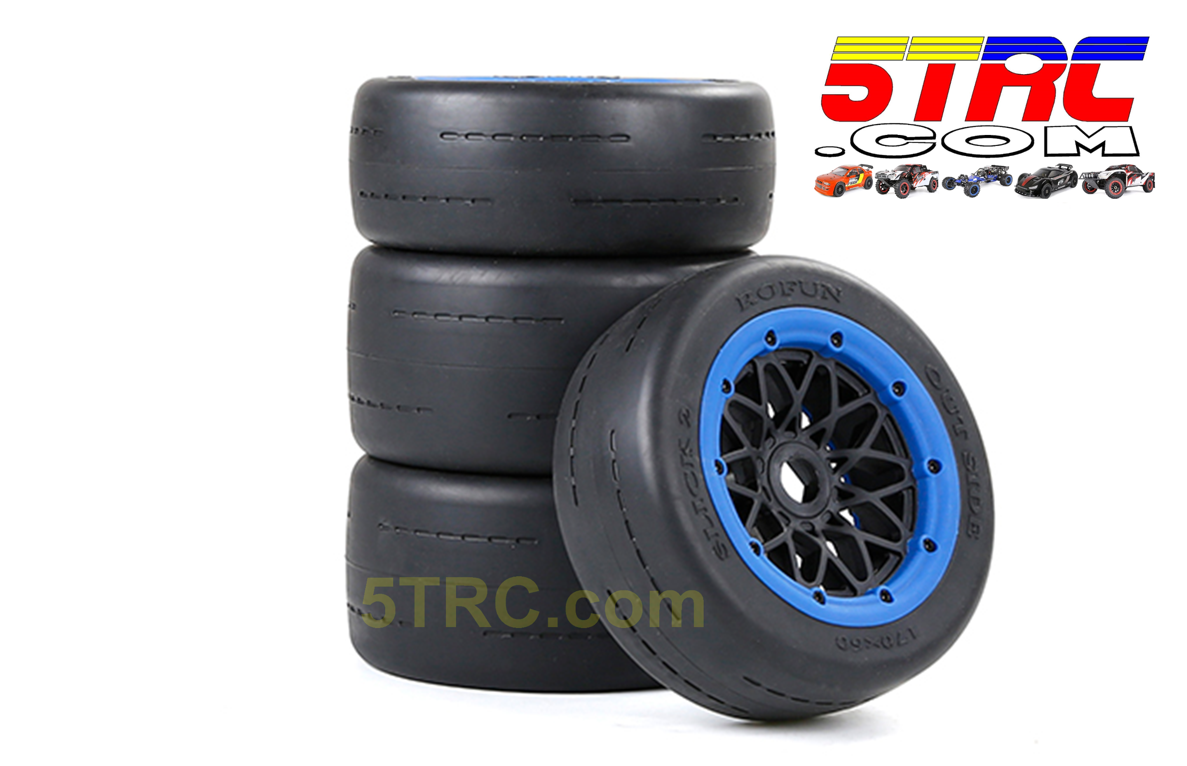 Rovan Slicks set of 4 on black wheels with blue bead rings delivers smooth blacktop grip, stable high-speed control, and 24mm hex fitment for 1/5 scale platforms.