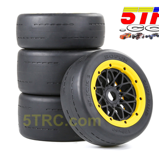 Rovan Slicks set of 4 racing tires on black wheels with Yellow bead rings and 24mm hex fitment delivers smooth blacktop grip and control. #855122