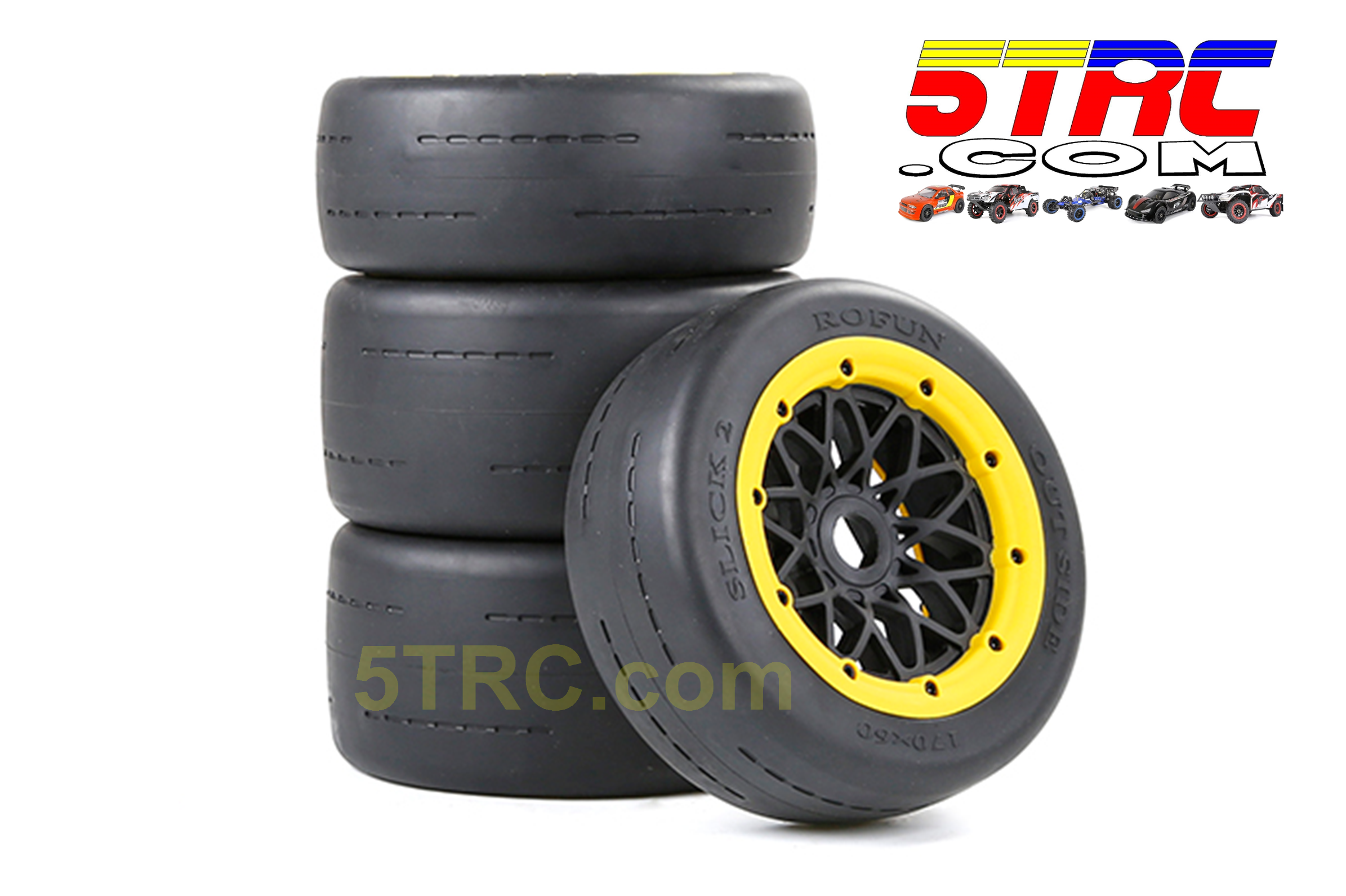 Rovan Slicks set of 4 racing tires on black wheels with Yellow bead rings and 24mm hex fitment delivers smooth blacktop grip and control. #855122