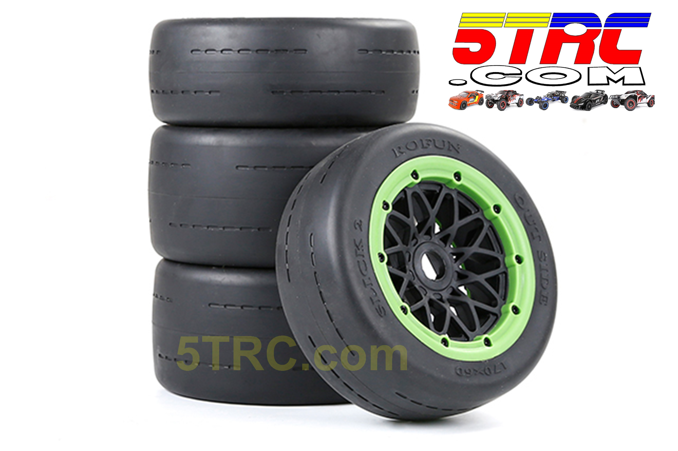 855123 Rofun Slick Street Tires Black Wheels Green Bead Set of 4 HPI Losi Rovan (2)