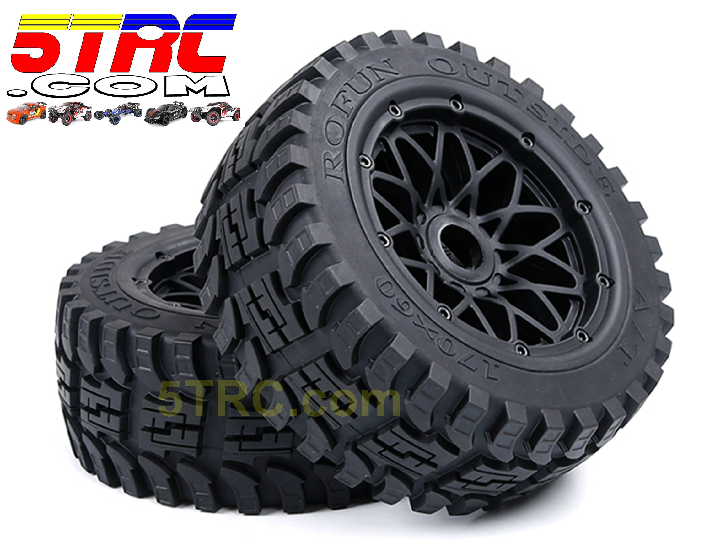 952871 Rofun All Terrain Front Tires and Wheels Black Beads Pair HPI Losi Rovan (1)