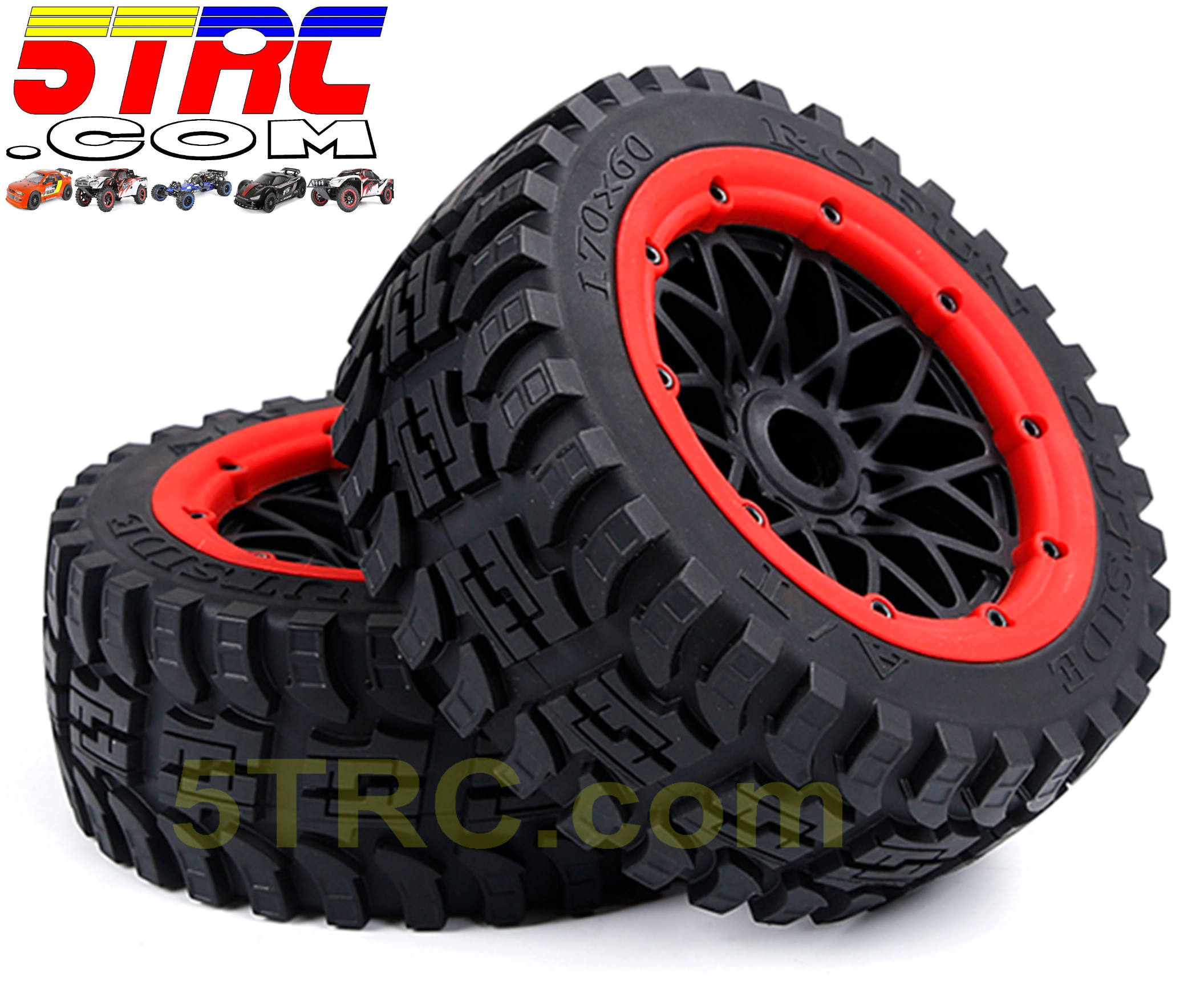 952872 Rofun All Terrain Front Tires and Wheels Red Beads Pair HPI Losi Rovan (1)