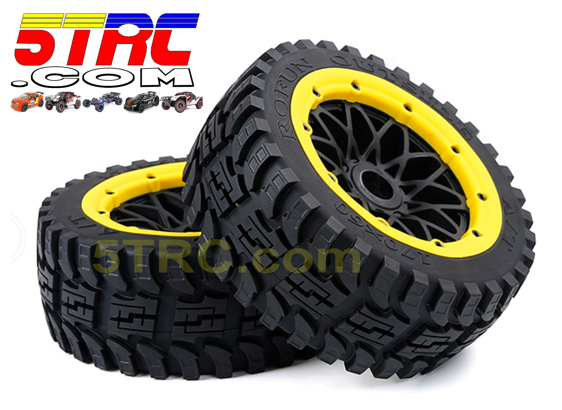 952875 Rofun 5B Gen2 All Terrain Front Tires Yellow Pair HPI Losi Rovan (1)