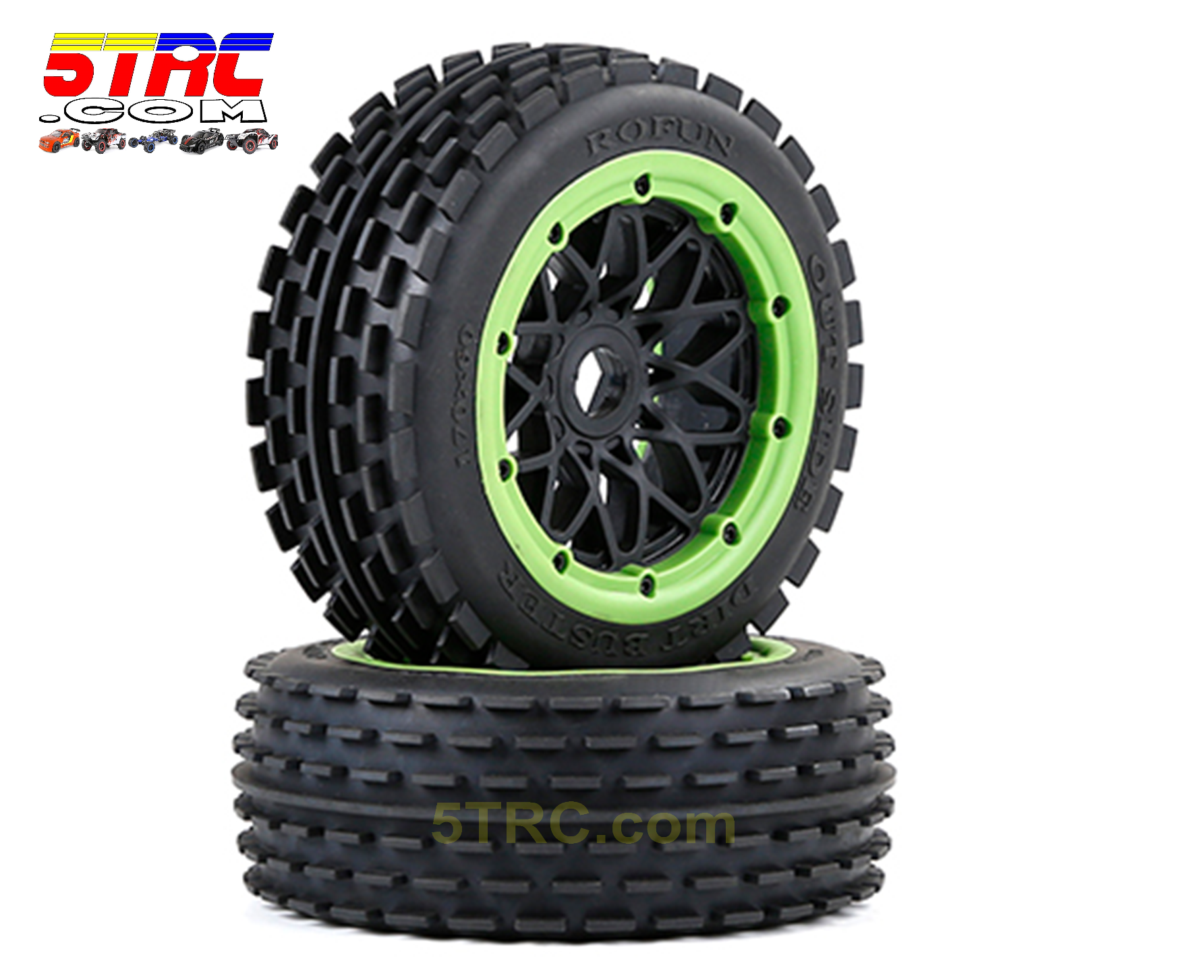 953103 Rofun Dirt Buster Front Tires and Wheels Green Pair HPI Losi Rovan KM (1)
