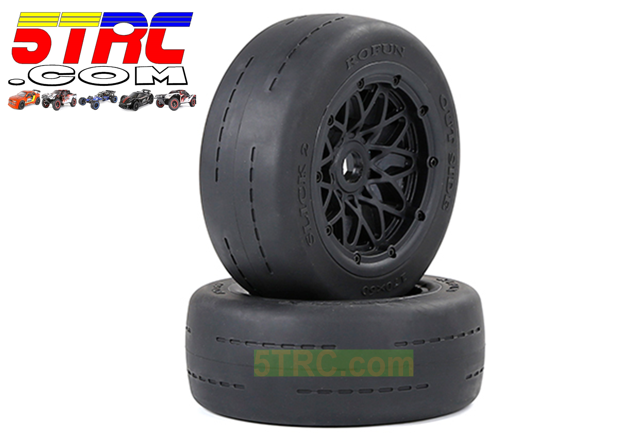 953181 Rofun 15 RC Slicks Front Tires Wheels Black Pair Baja 5B Gen 2 Rovan