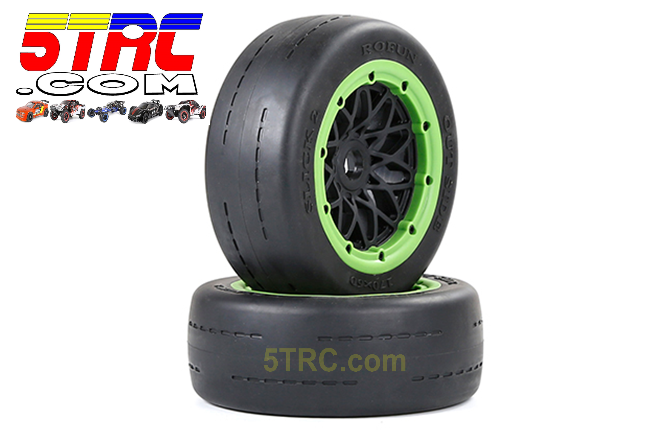953183.Rofun 15 RC Slicks Front Tires Wheels Green Pair Baja 5B Gen2 Rovan