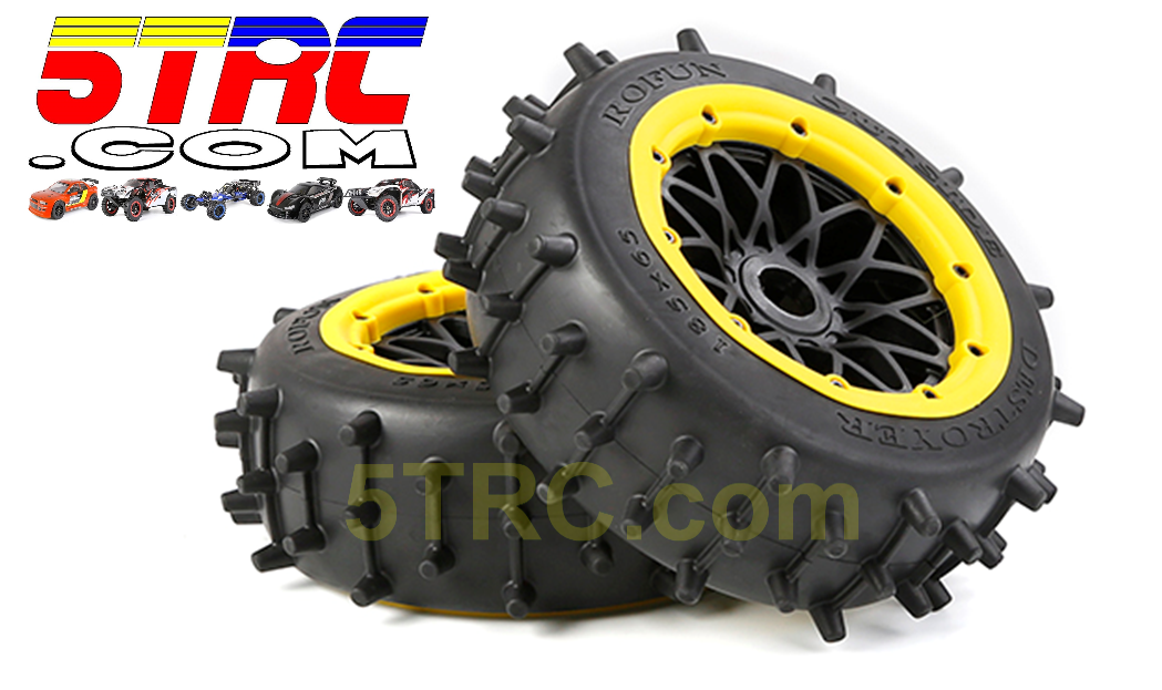 953225 Rofun 15 RC Large Knobby Front Tires Wheels Yellow Pair Baja 5B Rovan