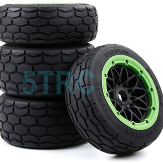 854973 e Rofun Street Tires 15 Scale Set of 4 Tires on Black Wheels Green Bead Rovan