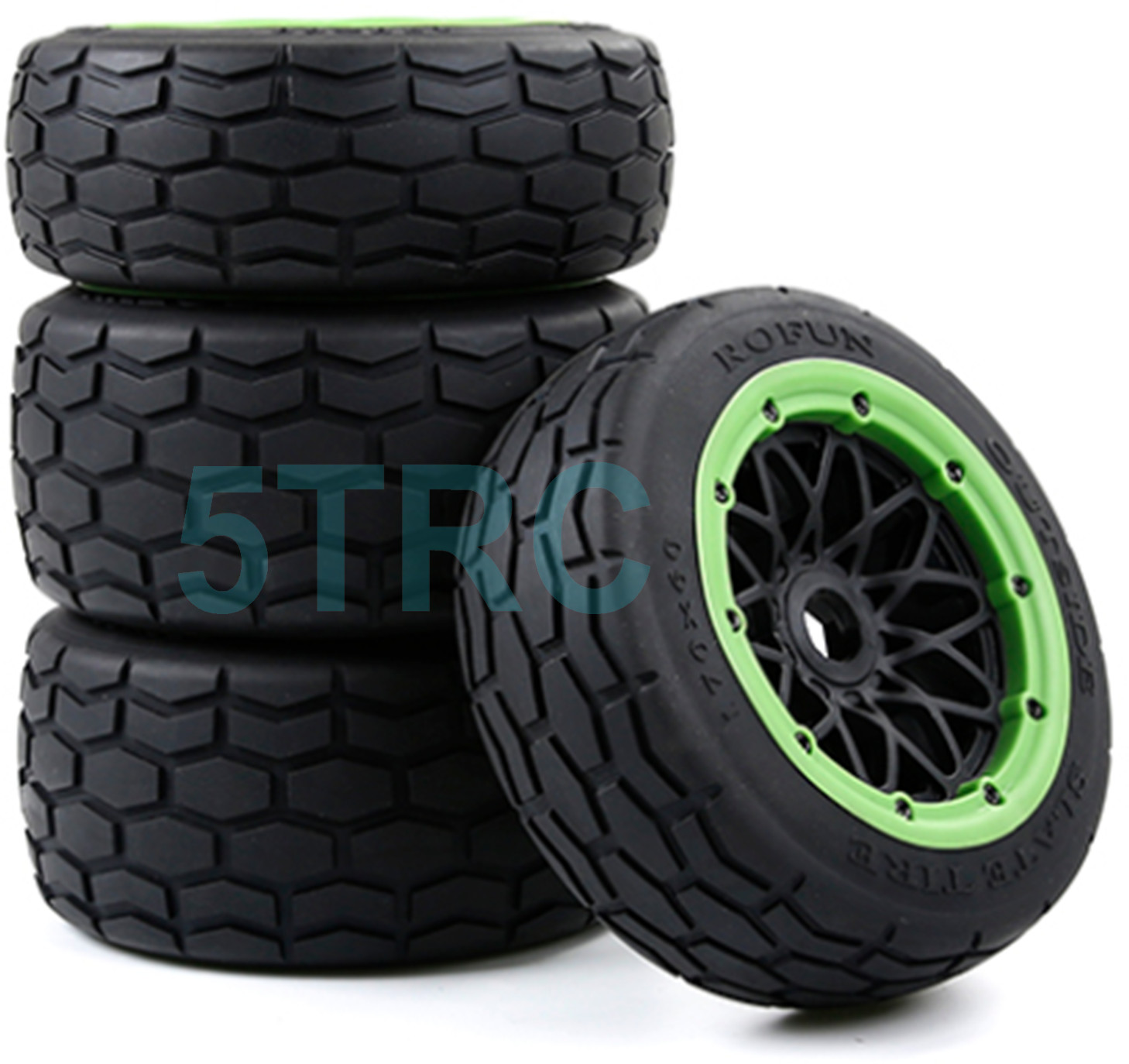 854973 e Rofun Street Tires 15 Scale Set of 4 Tires on Black Wheels Green Bead Rovan