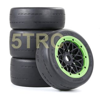 855123 e Rofun RC Slicks 15 Scale Blacktop Tires Set of 4 Black Wheels Bald Rovan