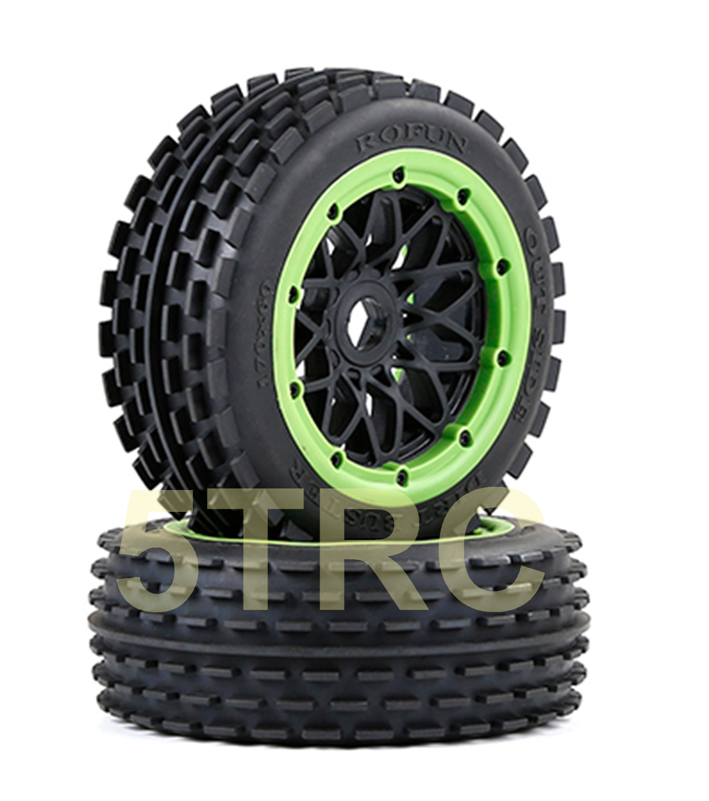 953103 e Rofun 15 RC Off Road Front Tires Wheels Green Pair Baja 5B Rovan